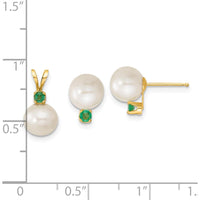14K Yellow Gold Freshwater Pearl and Emerald Pendant & Earrings Set with 7-8mm Pearls and 0.21 Carat Total Emerald Weight by Monteluci Fine Jewelry