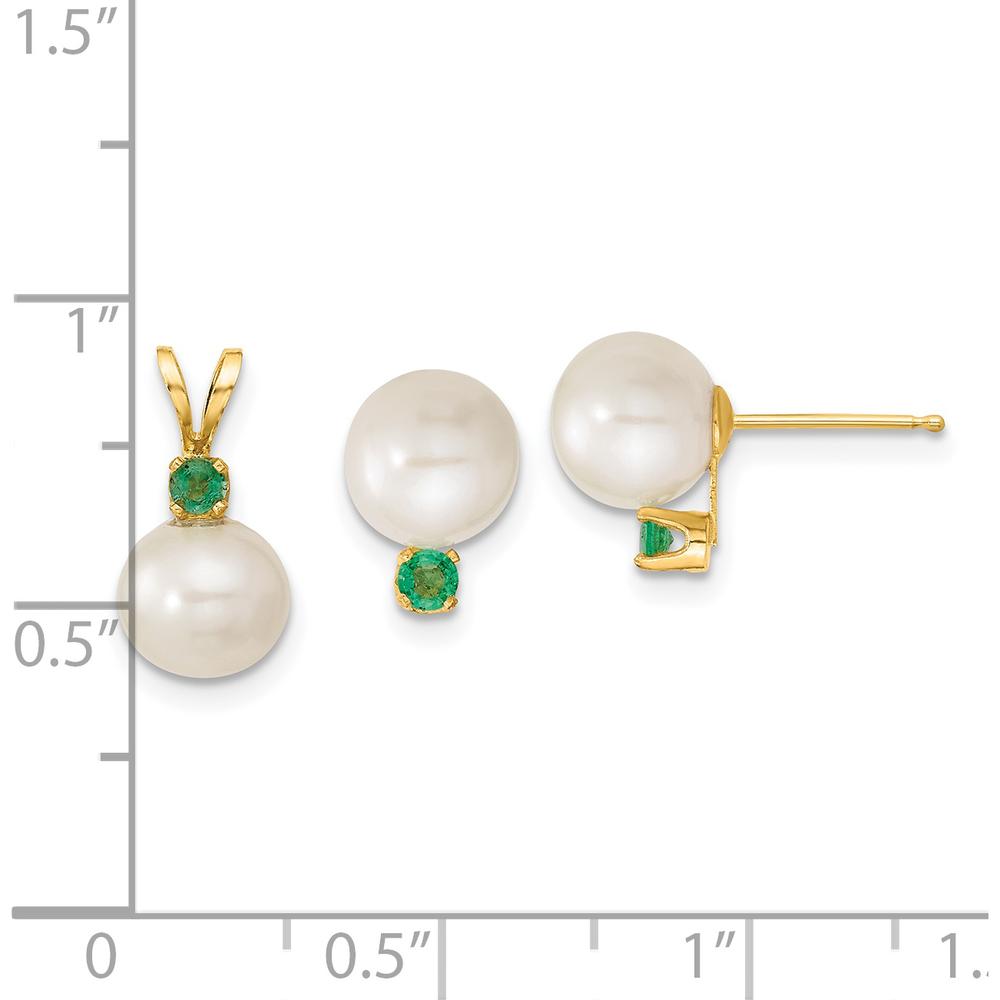 14K Yellow Gold Freshwater Pearl and Emerald Pendant & Earrings Set with 7-8mm Pearls and 0.21 Carat Total Emerald Weight by Monteluci Fine Jewelry