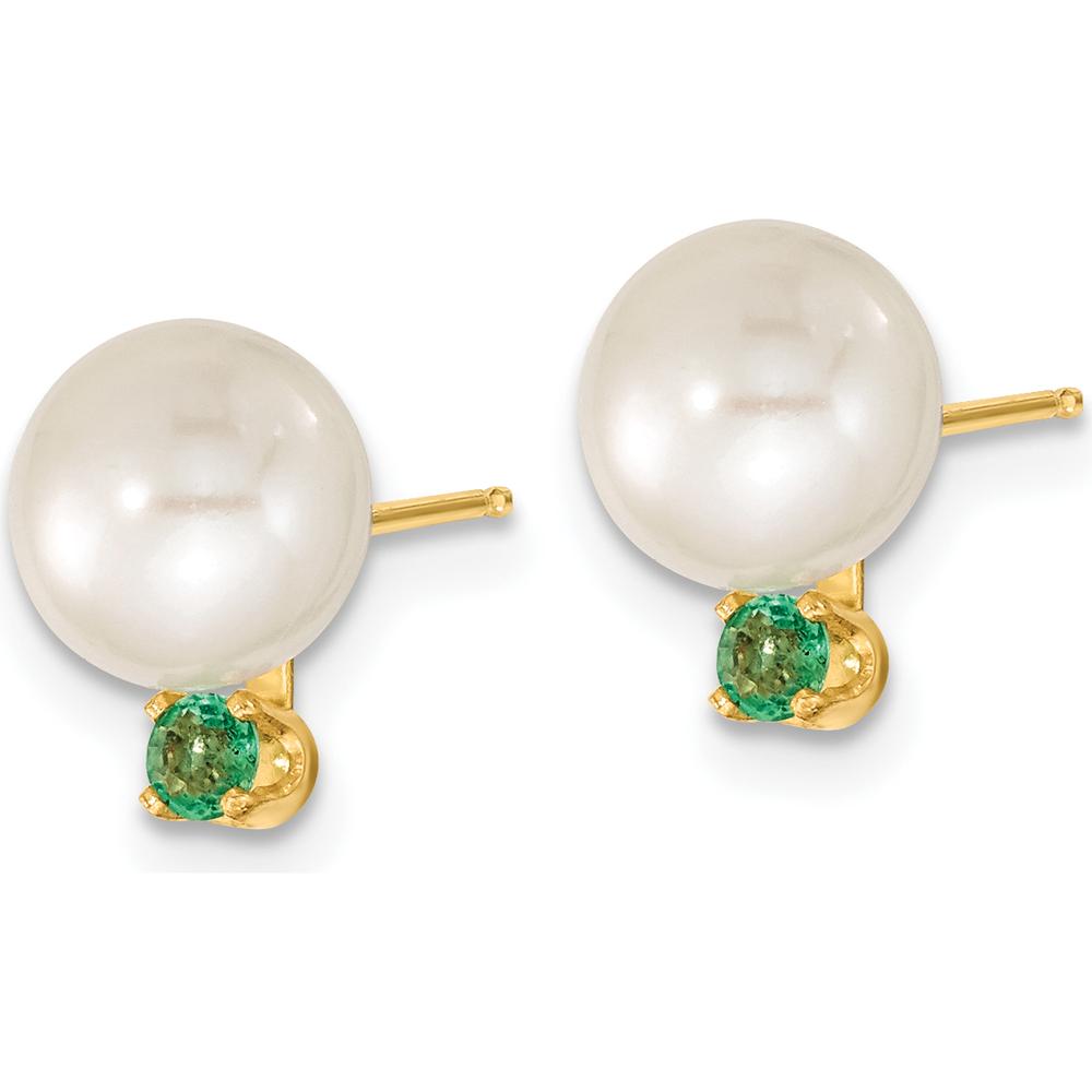 14K Yellow Gold Freshwater Pearl and Emerald Pendant & Earrings Set with 7-8mm Pearls and 0.21 Carat Total Emerald Weight by Monteluci Fine Jewelry