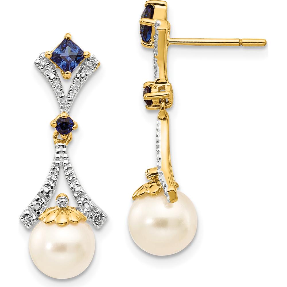 14K Yellow Gold Freshwater Pearl and Lab Created Sapphire Diamond Drop Earrings - 0.22 Carat Total Diamond Weight by Monteluci Fine Jewelry