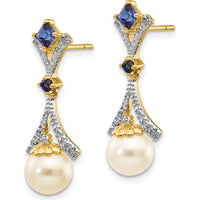 14K Yellow Gold Freshwater Pearl and Lab Created Sapphire Diamond Drop Earrings - 0.22 Carat Total Diamond Weight by Monteluci Fine Jewelry