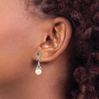 14K Yellow Gold Freshwater Pearl and Lab Created Sapphire Diamond Drop Earrings - 0.22 Carat Total Diamond Weight by Monteluci Fine Jewelry