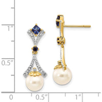 14K Yellow Gold Freshwater Pearl and Lab Created Sapphire Diamond Drop Earrings - 0.22 Carat Total Diamond Weight by Monteluci Fine Jewelry