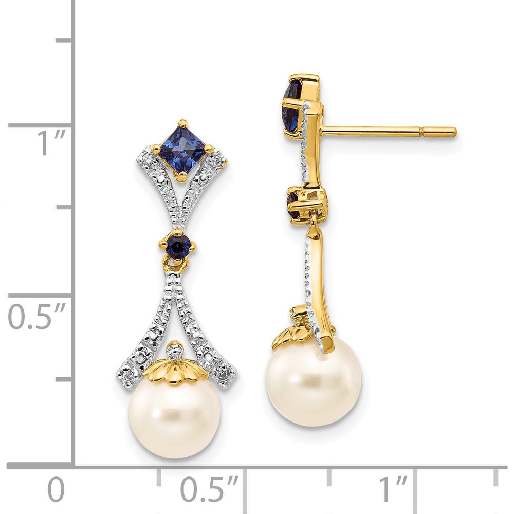 14K Yellow Gold Freshwater Pearl and Lab Created Sapphire Diamond Drop Earrings - 0.22 Carat Total Diamond Weight by Monteluci Fine Jewelry