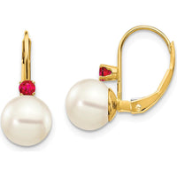 14K Yellow Gold Freshwater Pearl and Ruby Leverback Drop Earrings - 0.12 Carat Ruby Total Weight by Monteluci Fine Jewelry