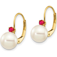 14K Yellow Gold Freshwater Pearl and Ruby Leverback Drop Earrings - 0.12 Carat Ruby Total Weight by Monteluci Fine Jewelry