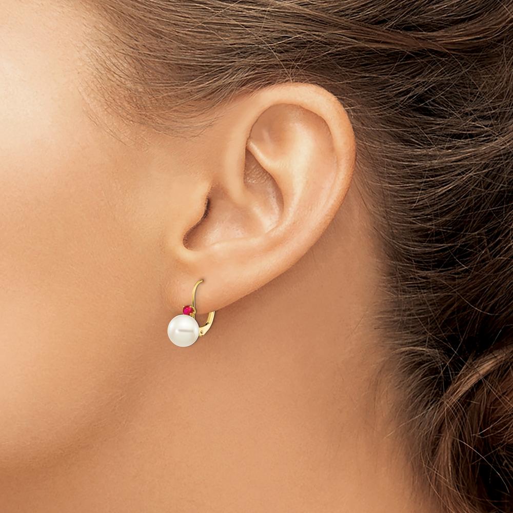14K Yellow Gold Freshwater Pearl and Ruby Leverback Drop Earrings - 0.12 Carat Ruby Total Weight by Monteluci Fine Jewelry