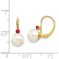14K Yellow Gold Freshwater Pearl and Ruby Leverback Drop Earrings - 0.12 Carat Ruby Total Weight by Monteluci Fine Jewelry