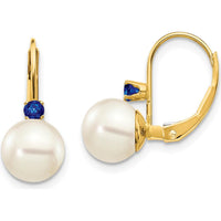 14K Yellow Gold Freshwater Pearl and Sapphire Leverback Earrings - 0.13 Carat Total Sapphire Weight by Monteluci Fine Jewelry