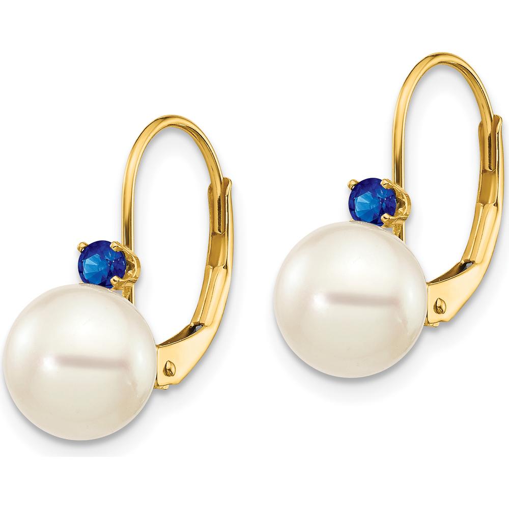 14K Yellow Gold Freshwater Pearl and Sapphire Leverback Earrings - 0.13 Carat Total Sapphire Weight by Monteluci Fine Jewelry