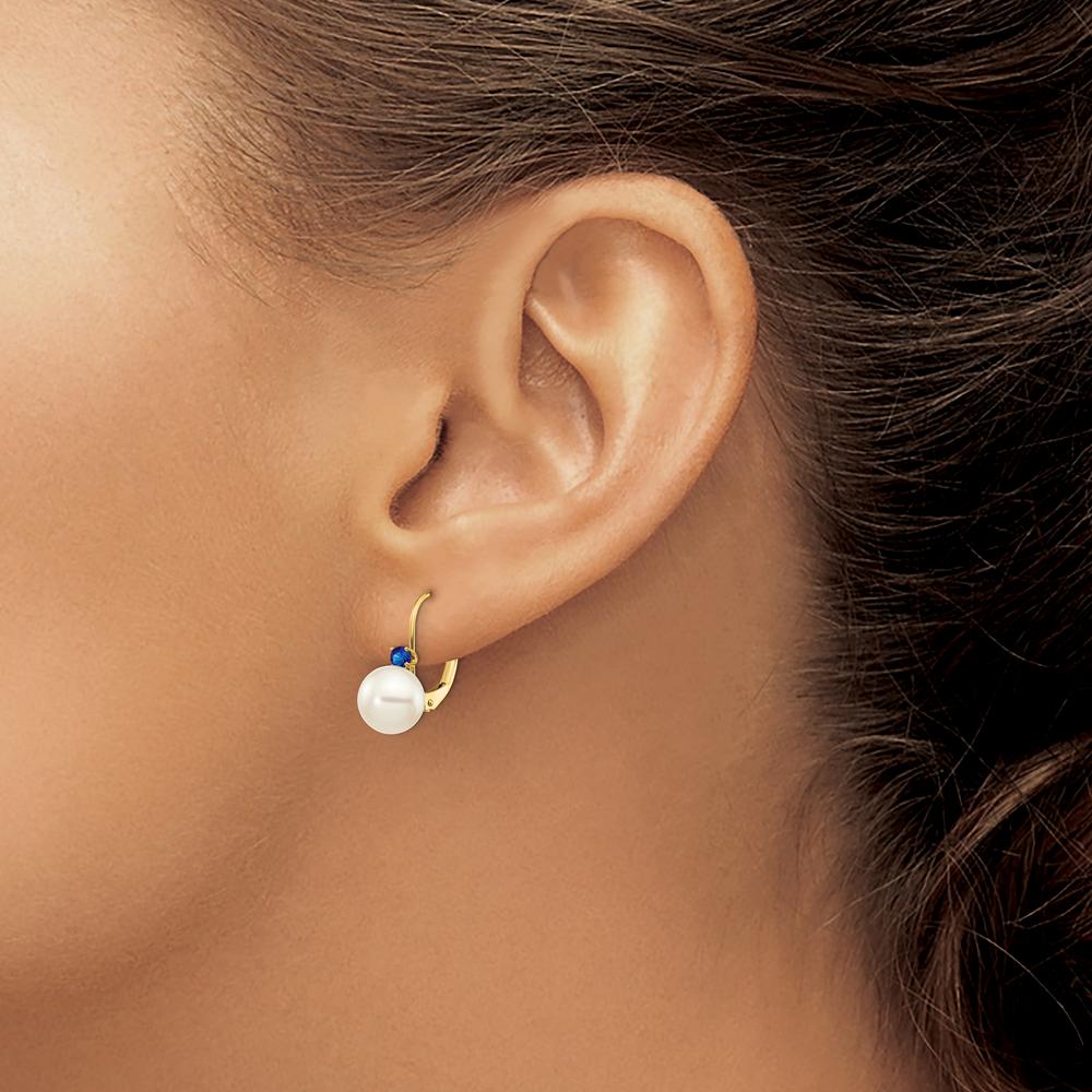 14K Yellow Gold Freshwater Pearl and Sapphire Leverback Earrings - 0.13 Carat Total Sapphire Weight by Monteluci Fine Jewelry