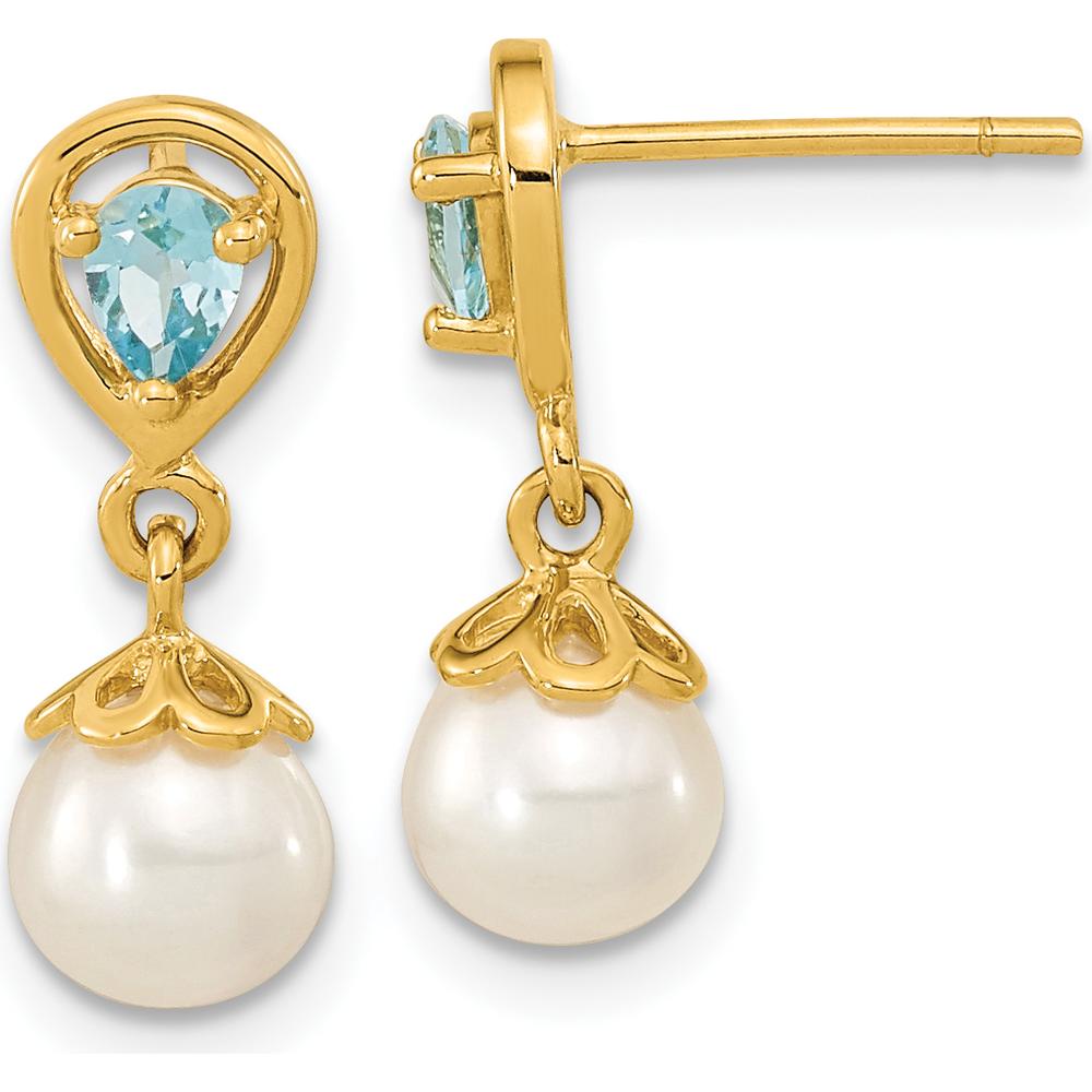 14K Yellow Gold Freshwater Pearl and Swiss Blue Topaz Dangle Earrings - 1.9 Carat Total Gem Weight by Monteluci Fine Jewelry