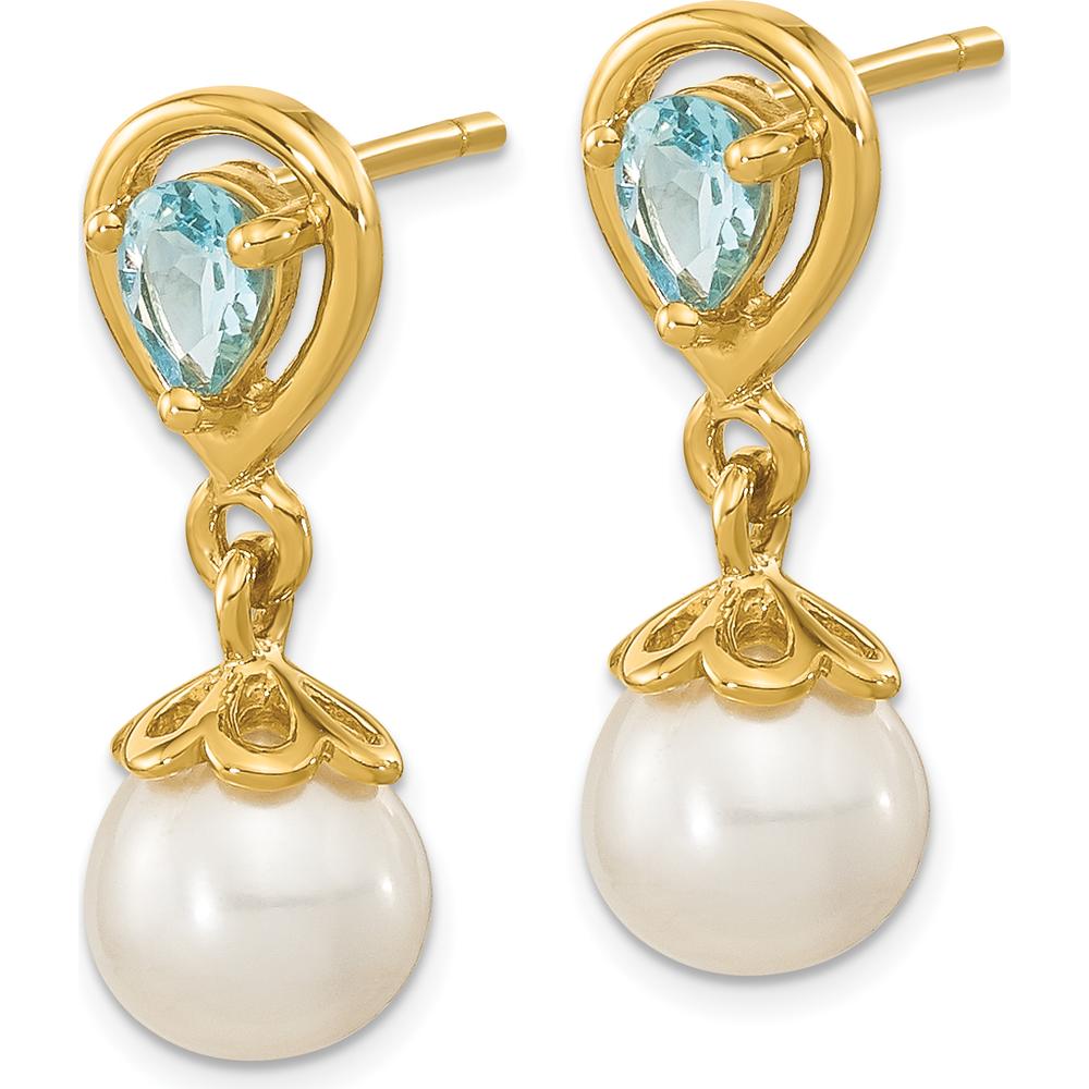 14K Yellow Gold Freshwater Pearl and Swiss Blue Topaz Dangle Earrings - 1.9 Carat Total Gem Weight by Monteluci Fine Jewelry