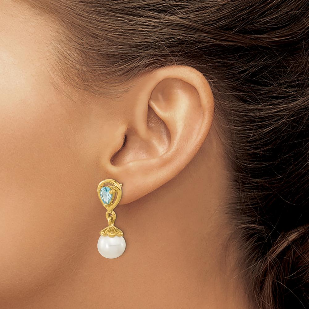 14K Yellow Gold Freshwater Pearl and Swiss Blue Topaz Dangle Earrings - 1.9 Carat Total Gem Weight by Monteluci Fine Jewelry