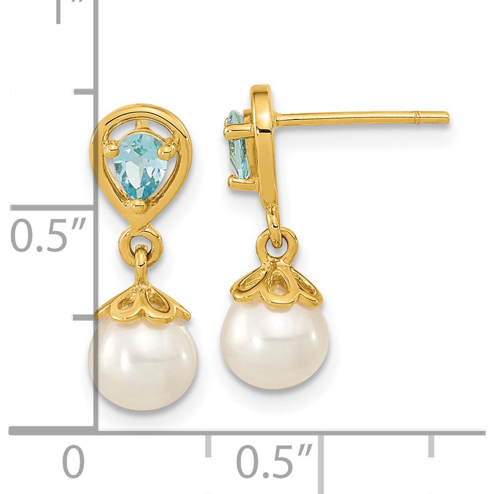 14K Yellow Gold Freshwater Pearl and Swiss Blue Topaz Dangle Earrings - 1.9 Carat Total Gem Weight by Monteluci Fine Jewelry