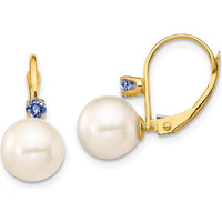 14K Yellow Gold Freshwater Pearl and Tanzanite Drop Earrings - 0.14 Carat Total Tanzanite Weight by Monteluci Fine Jewelry