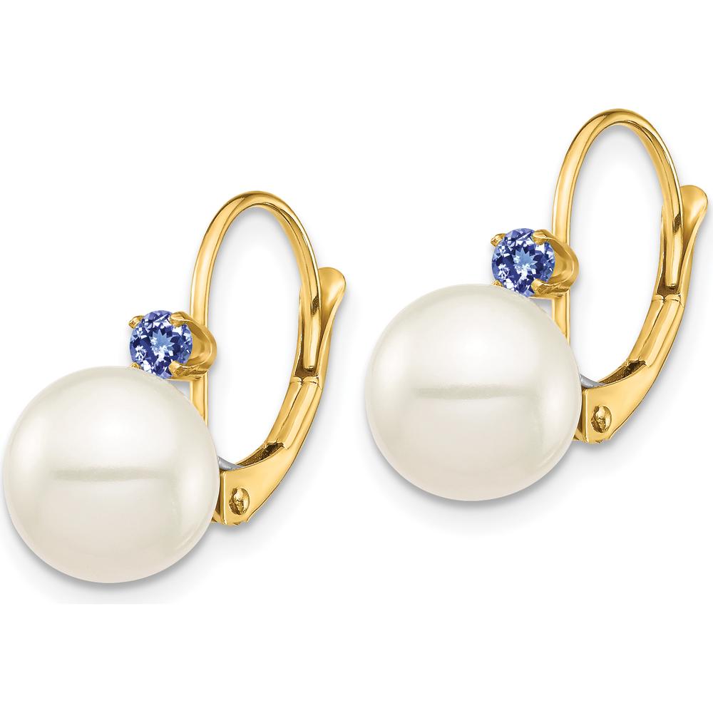 14K Yellow Gold Freshwater Pearl and Tanzanite Drop Earrings - 0.14 Carat Total Tanzanite Weight by Monteluci Fine Jewelry