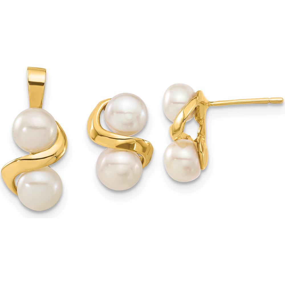14K Yellow Gold Freshwater Pearl Button Earrings and Pendant Set - 5-6mm Cultured Pearls by Monteluci Fine Jewelry