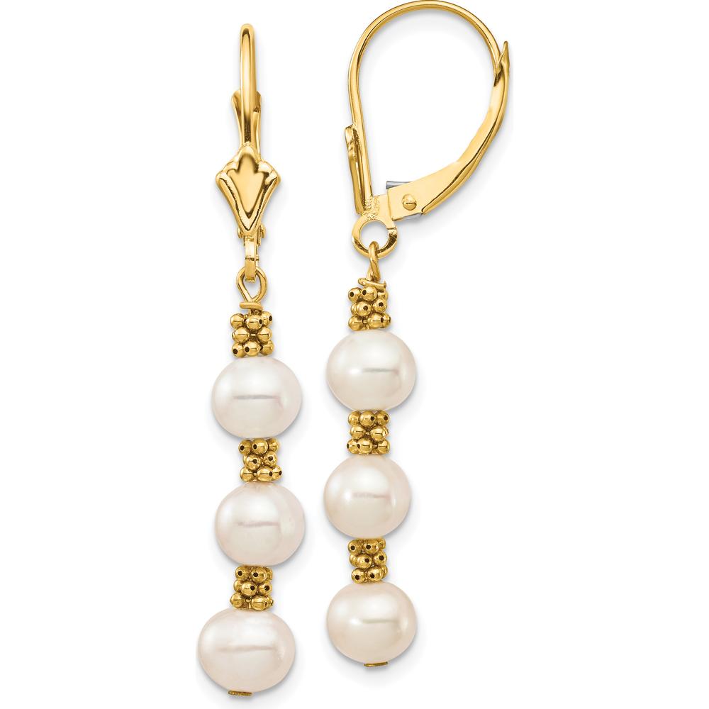 14K Yellow Gold Freshwater Pearl Dangle Earrings - 5-6mm Semi-Round Cultured Pearls by Monteluci Fine Jewelry