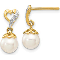 14K Yellow Gold Freshwater Pearl Heart Diamond Dangle Earrings - 0.013 Carat Total Diamond Weight by Monteluci Fine Jewelry