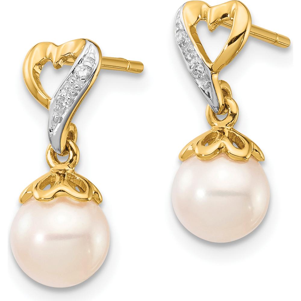 14K Yellow Gold Freshwater Pearl Heart Diamond Dangle Earrings - 0.013 Carat Total Diamond Weight by Monteluci Fine Jewelry