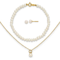 14K Yellow Gold Freshwater Pearl Necklace, Earrings & Bracelet Set for Girls - Polished Finish by Madi K