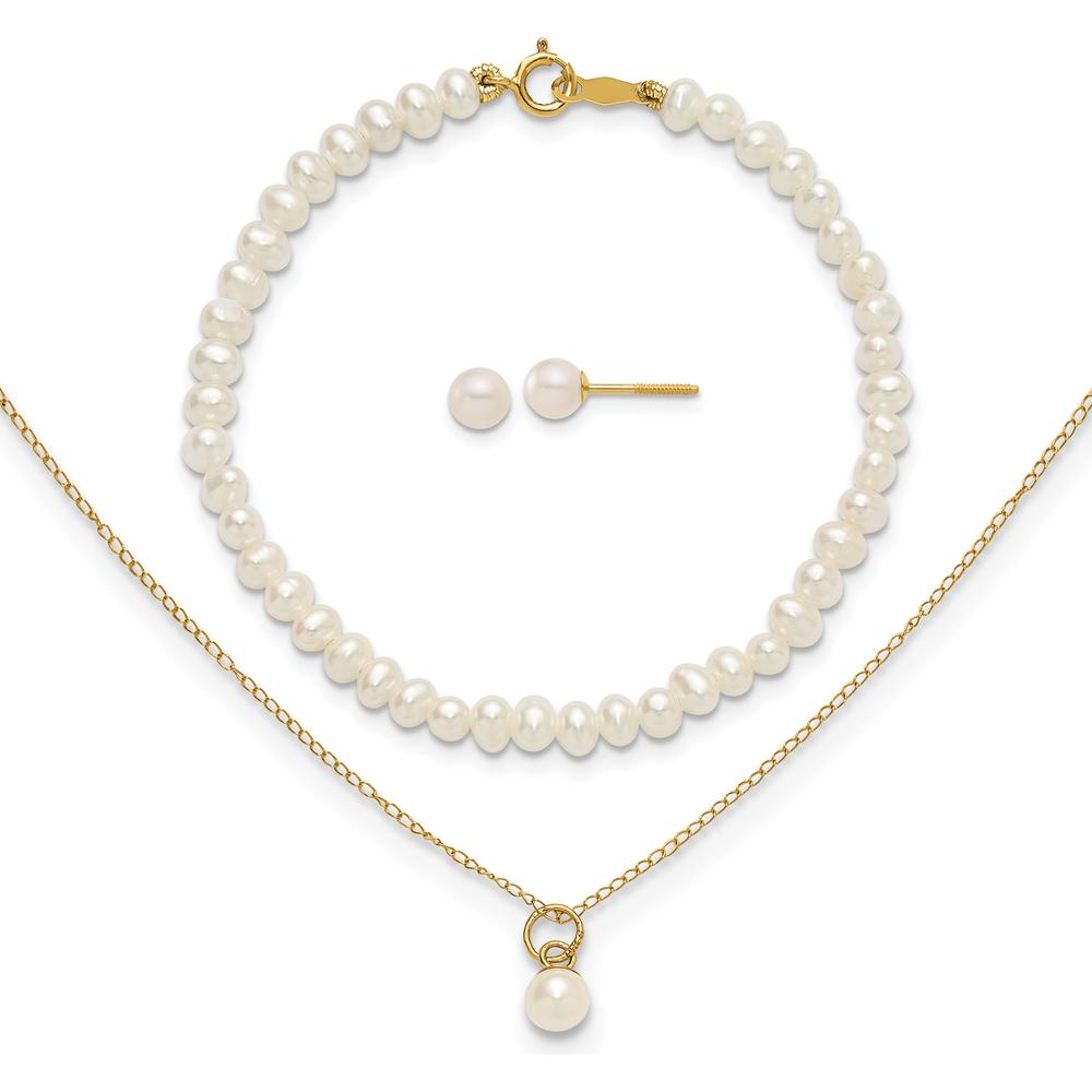 14K Yellow Gold Freshwater Pearl Necklace, Earrings & Bracelet Set for Girls - Polished Finish by Madi K