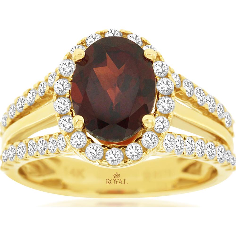 14K Yellow Gold Garnet & Diamond Halo Ring - 2.20 Carats Garnet & 0.82 Carats Total Diamond Weight