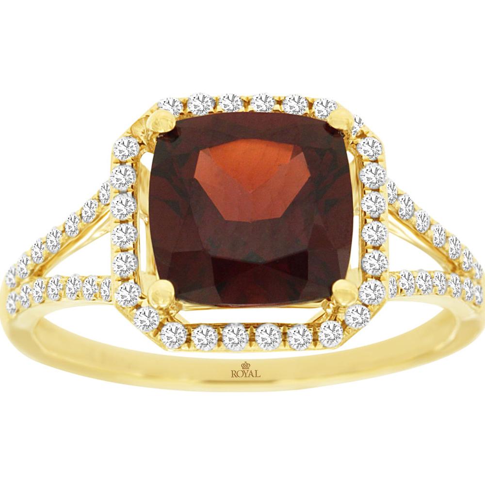 14K Yellow Gold Garnet & Diamond Halo Ring - 2.75 Carats Garnet & 0.30 Carats Total Diamond Weight