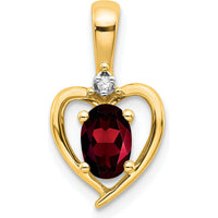 14K Yellow Gold Garnet and Diamond Heart Pendant with 0.6 Carat Oval Garnet and 0.007 Carat Round Diamond by Oro Pregiato