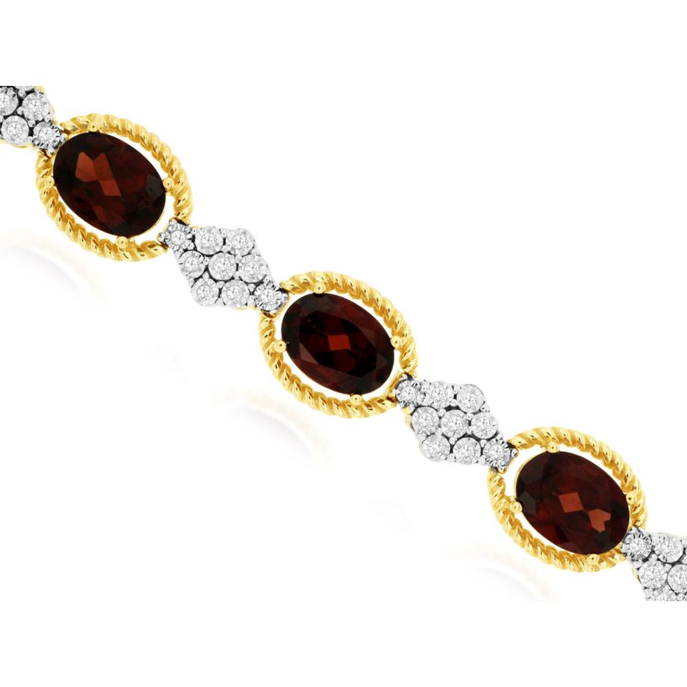 14K Yellow Gold Garnet & Diamond Tennis Bracelet with Oval Garnets - 11 Carats Total Garnet Weight, 0.33 Carats Total Diamond Weight