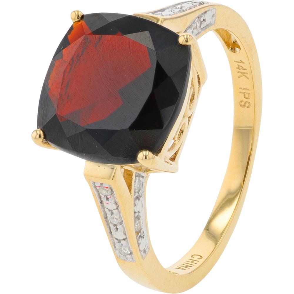 14K Yellow Gold Garnet Ring with 0.07 Carats Diamond Accents