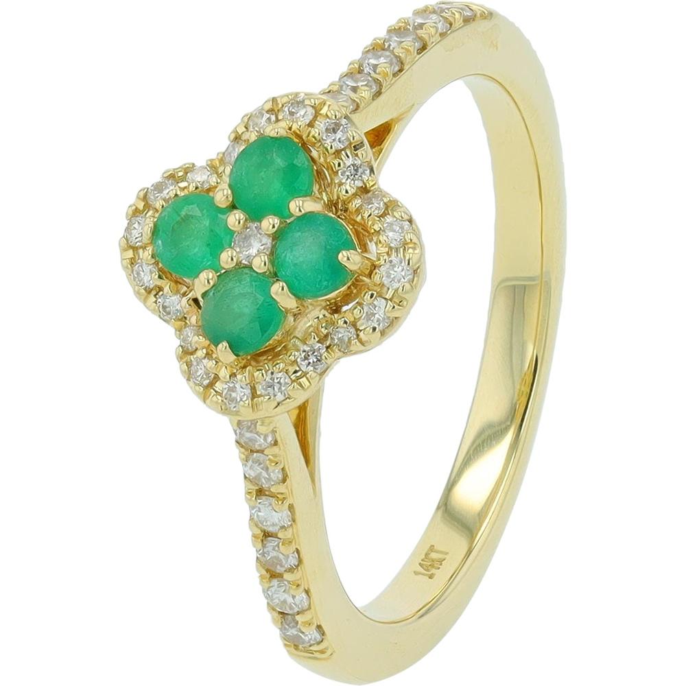 14K Yellow Gold Gemstone & Diamond Flower Ring with Emeralds - 0.30 Carat Total Emerald Weight, 0.25 Carat Total Diamond Weight