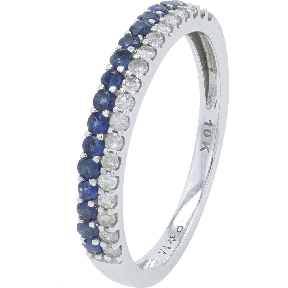 14K Yellow Gold Gemstone Band with Round Blue Sapphires and 0.07 Carat Diamond Accents