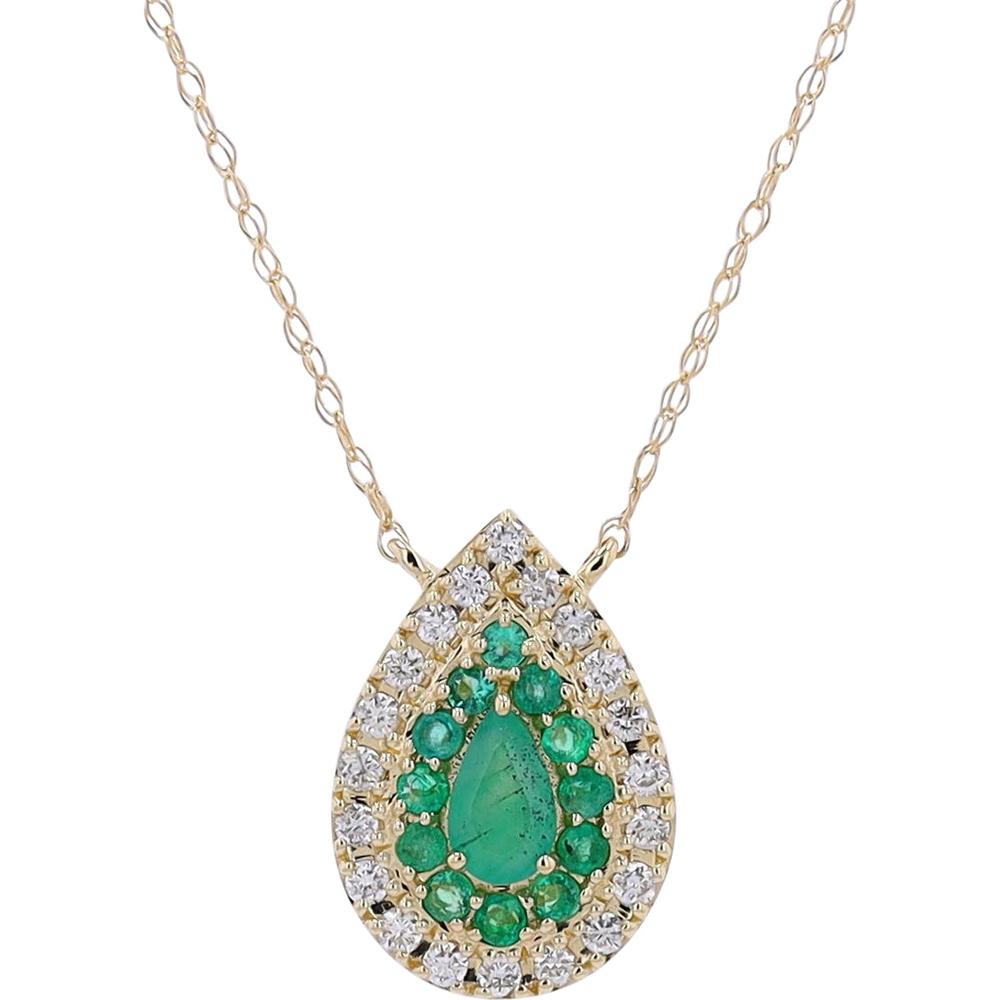 14K Yellow Gold Gemstone Drop Pendant with Pear-Shaped Emerald and Diamond Halo - 0.52 Carat Total Gemstone Weight
