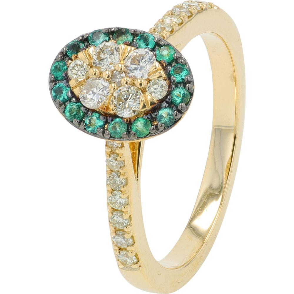 14K Yellow Gold Gemstone Halo Ring with Emeralds and Diamonds - 0.40 Carat Total Diamond Weight
