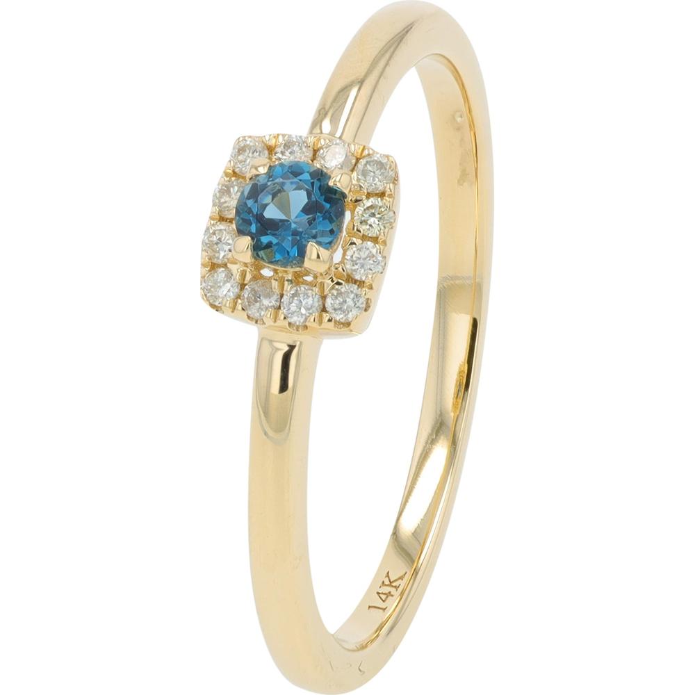 14K Yellow Gold Gemstone Halo Ring with London Blue Topaz and Diamond Accents - 0.12 Carat Total Diamond Weight