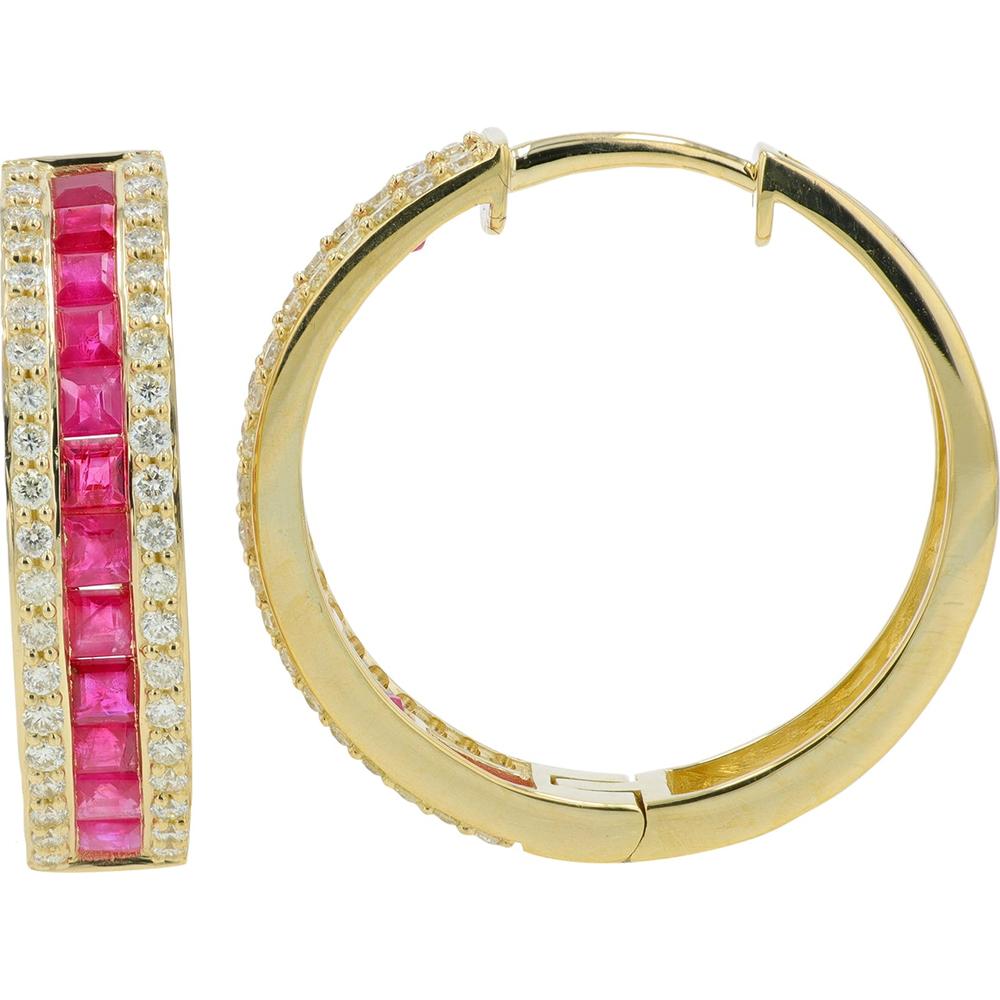 14K Yellow Gold Gemstone Hoop Earrings with Square-Cut Rubies and Diamond Accents - 9.00 Carat Total Ruby Weight, 0.75 Carat Total Diamond Weight