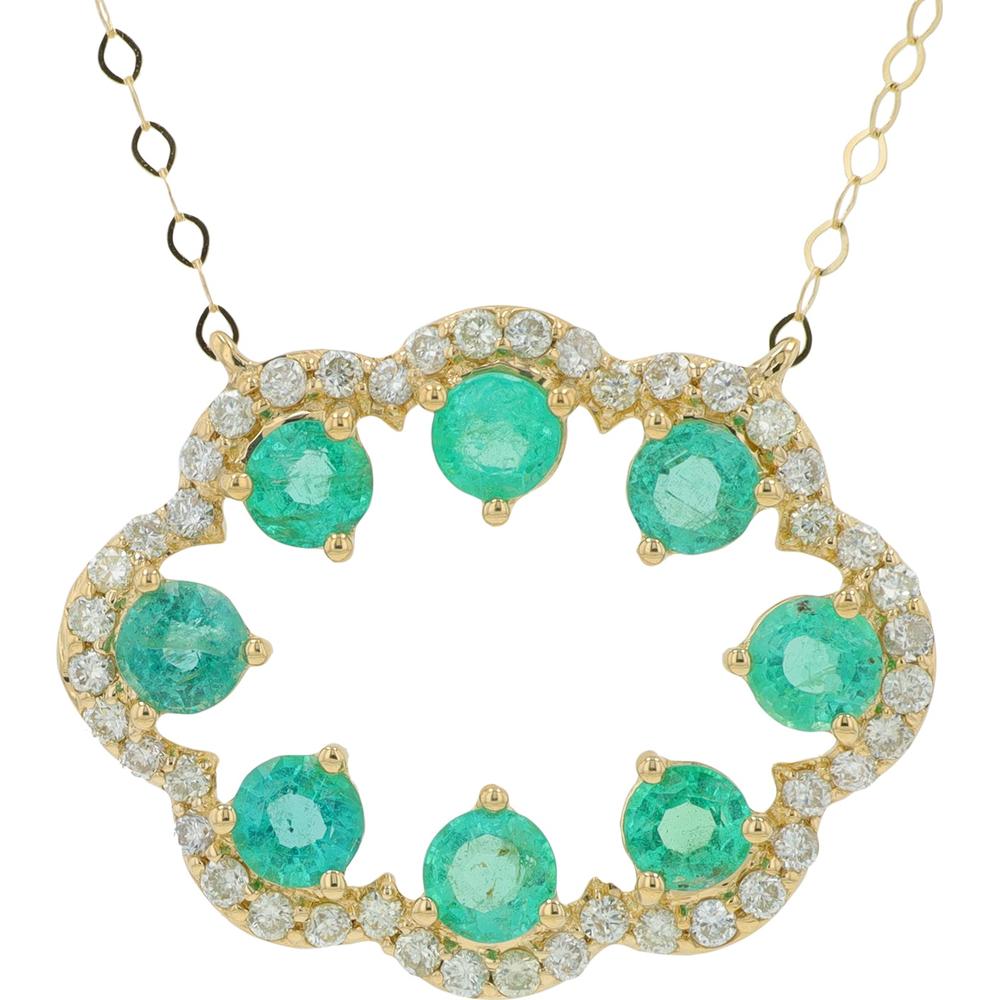 14K Yellow Gold Gemstone Necklace with Emeralds and Diamonds - 1.25 Carat Total Gemstone Weight