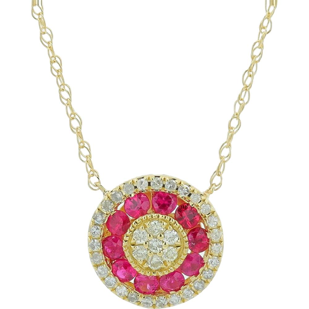 14K Yellow Gold Gemstone Necklace with Ruby and Diamond Swirl Design - 0.33 Carat Total Gemstone Weight