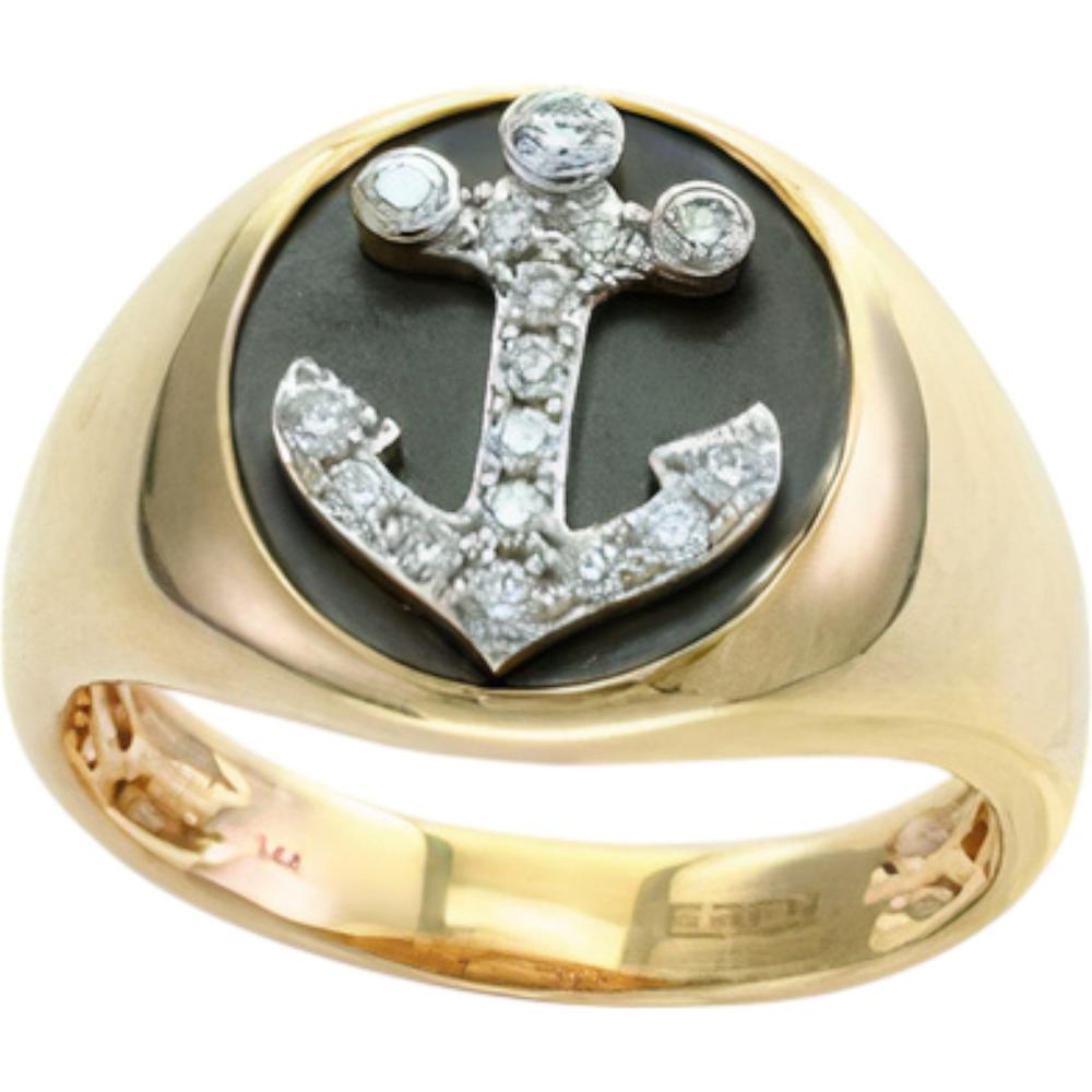 14K Yellow Gold Gents Ring with Pave Diamond Anchor Design - 0.31 Carats Total Diamond Weight