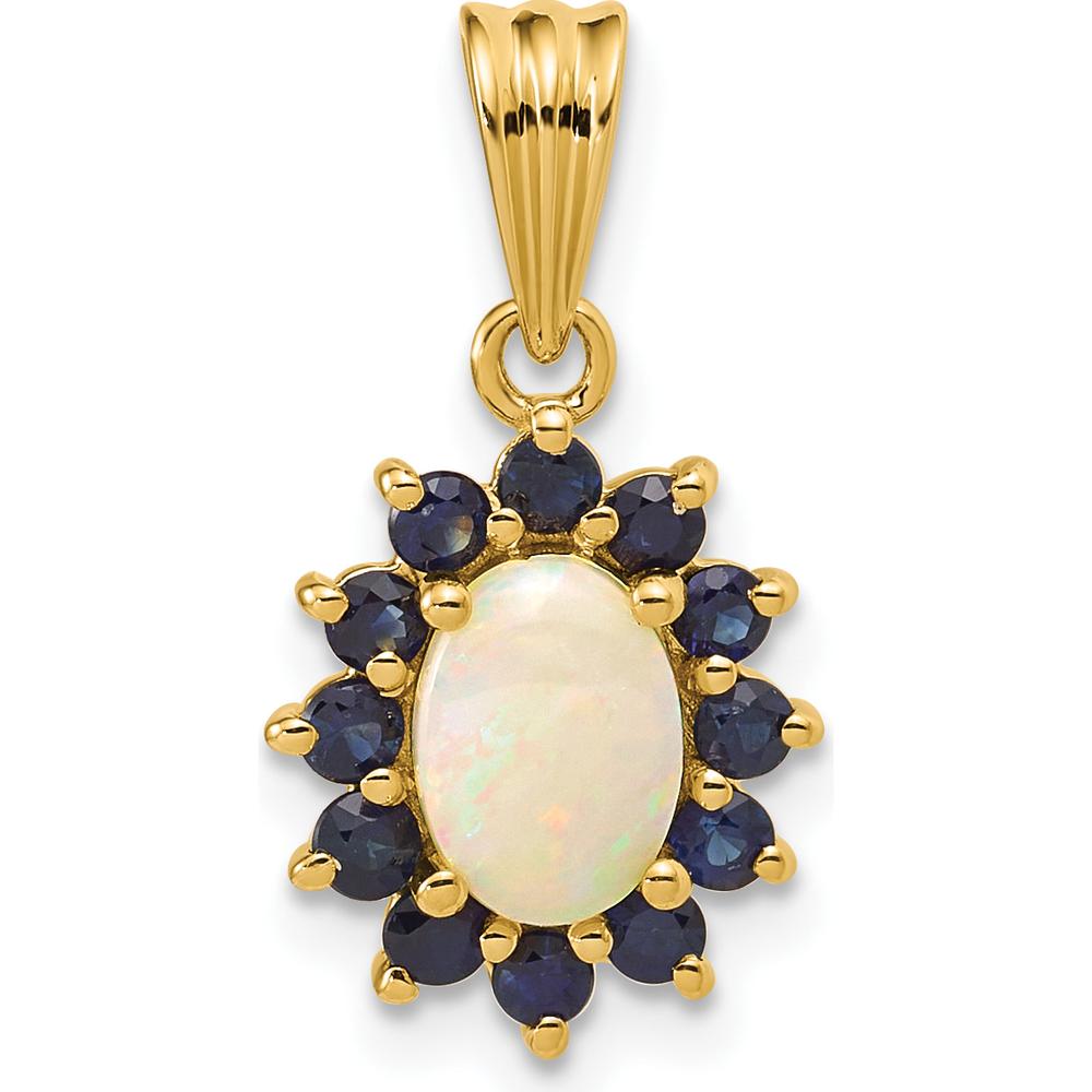14K Yellow Gold Genuine Opal and Sapphire Halo Pendant - 1.45 Carat Total Gem Weight by Monteluci Fine Jewelry