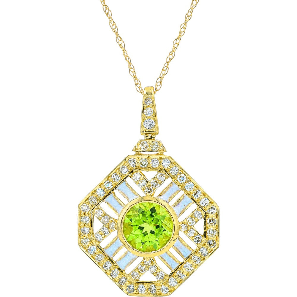 14K Yellow Gold Geometric Art Deco Pendant with Bezel-Set Peridot and Pavé Diamond Halo - 0.80 Carat to 1.00 Carat Peridot and 0.34 Carat Total Diamond Weight