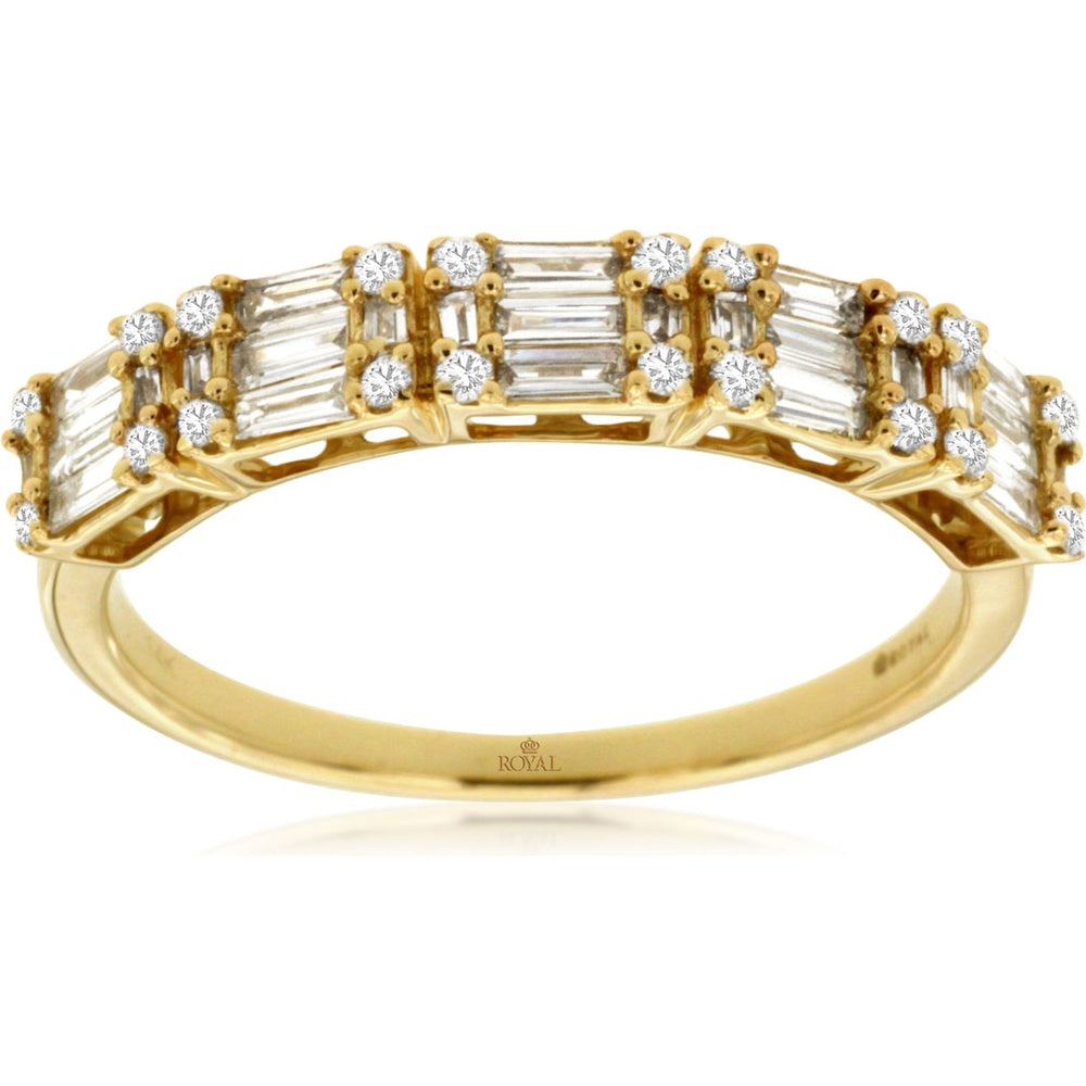 14K Yellow Gold Geometric Band with Horizontal Baguette and Round Brilliant Cut Diamonds - 0.45 Carat Total Diamond Weight - Royal Jewelry