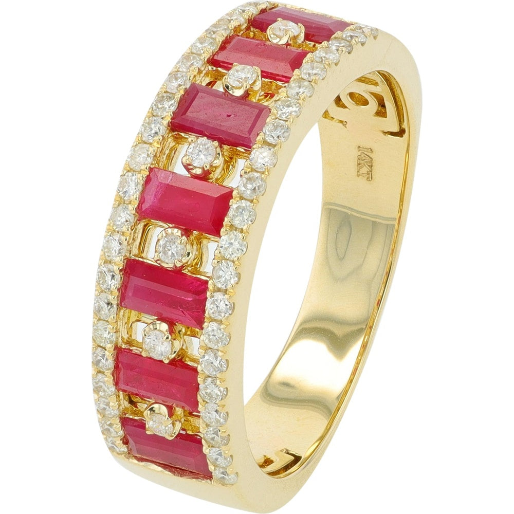 14K Yellow Gold Geometric Band with Step-Cut Rubies and Round Diamond Accents - 1.00 Carat Total Ruby Weight and 0.31 Carat Total Diamond Weight