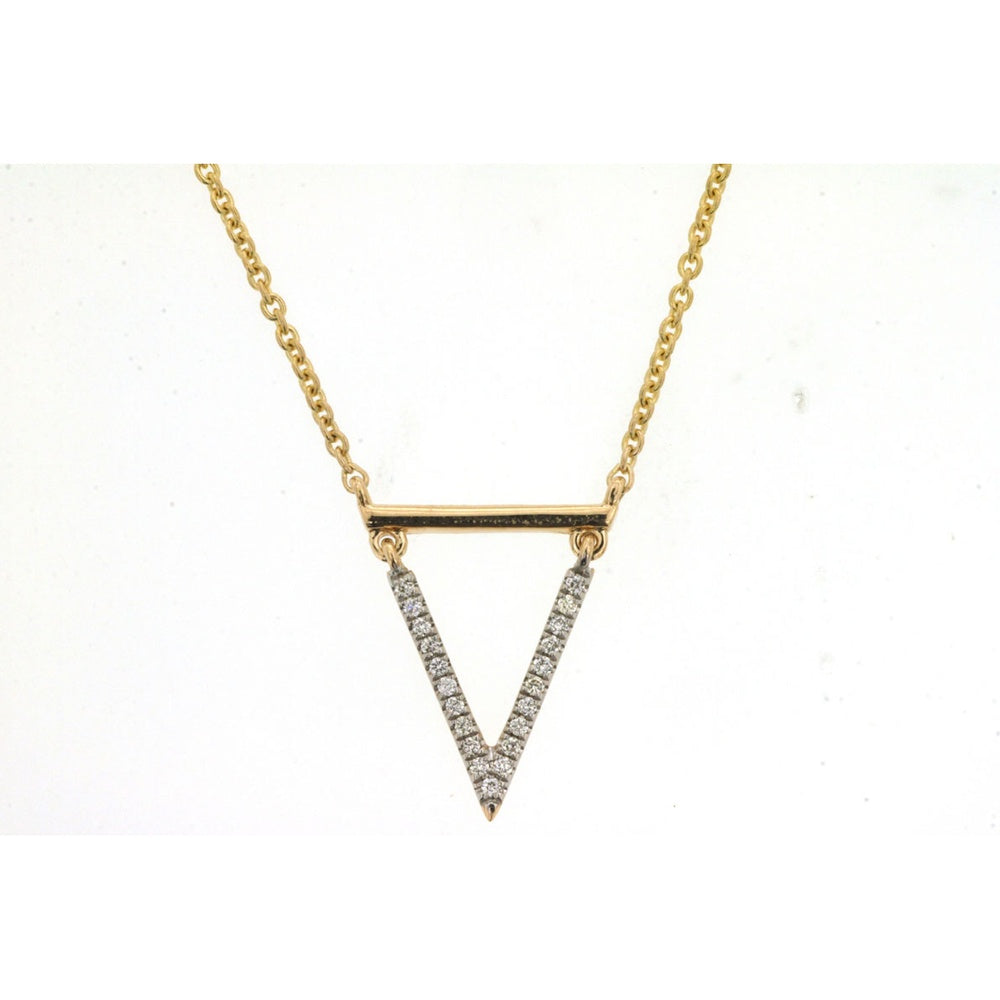 14K Yellow Gold Geometric Bar Necklace with Pavé Set Round Diamond V-Drop - 0.06 Carat Total Diamond Weight - Royal Jewelry