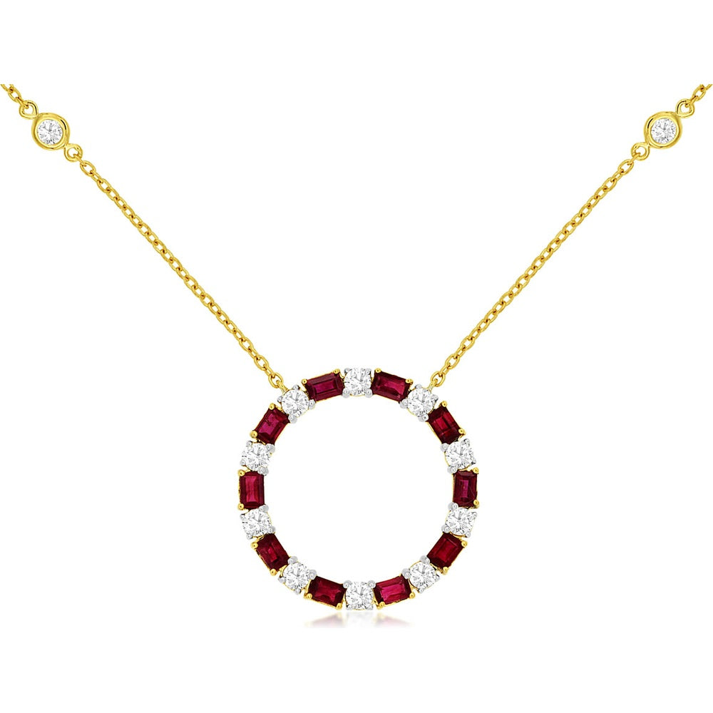 14K Yellow Gold Geometric Circle Pendant Necklace with Alternating Baguette Rubies and Round Diamonds - 1.18 Carat Total Ruby Weight and 0.62 Carat Total Diamond Weight - Royal Jewelry