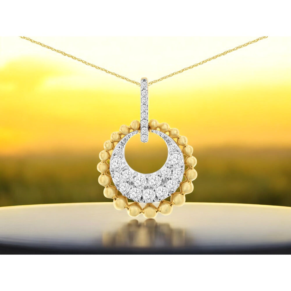 14K Yellow Gold Geometric Circle Pendant with Pavé Round Diamonds and Beaded Gold Edge - 0.38 Carat Total Diamond Weight - Royal Jewelry