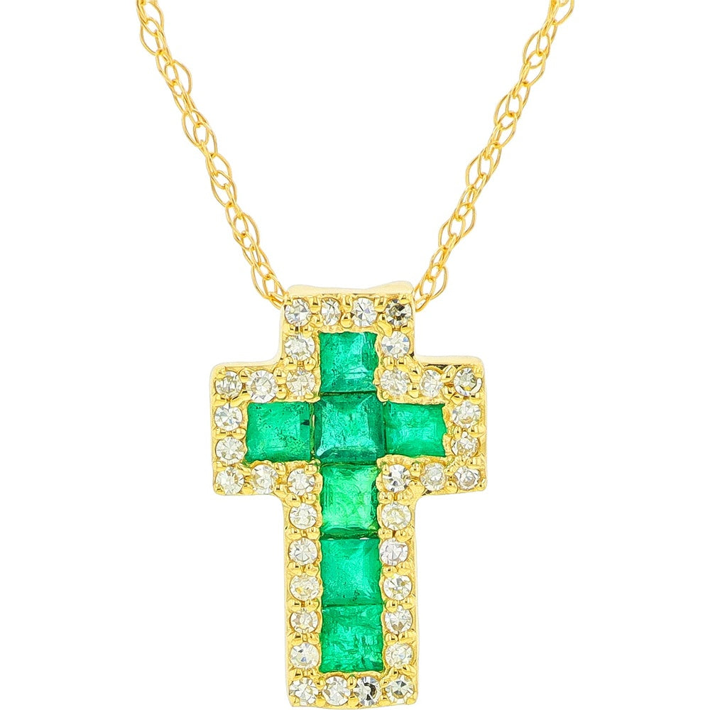 14K Yellow Gold Geometric Cross Pendant with Square-Cut Emeralds and Diamond Halo - 0.34 Carat Total Emerald Weight and 0.11 Carat Total Diamond Weight