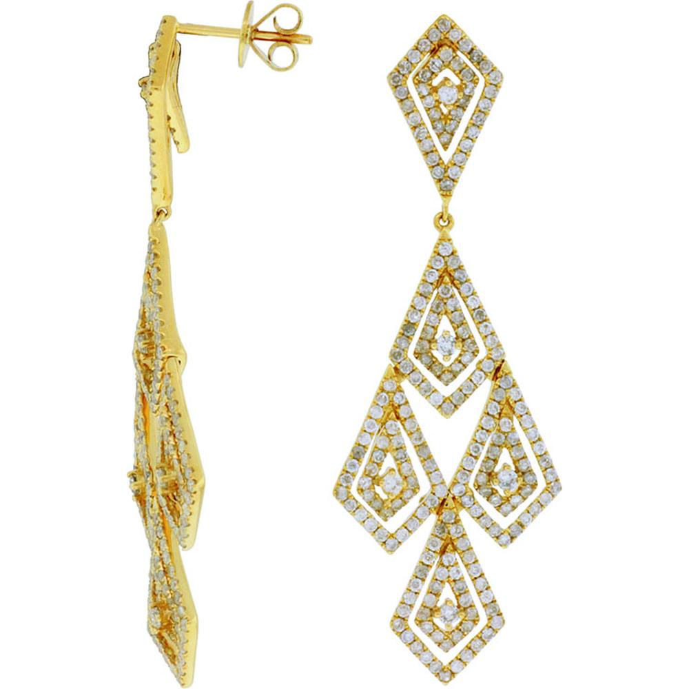 14K Yellow Gold Geometric Diamond Drop Earrings with Round Brilliant Cut Stones - 2.80 Carat Total Diamond Weight - Royal Jewelry